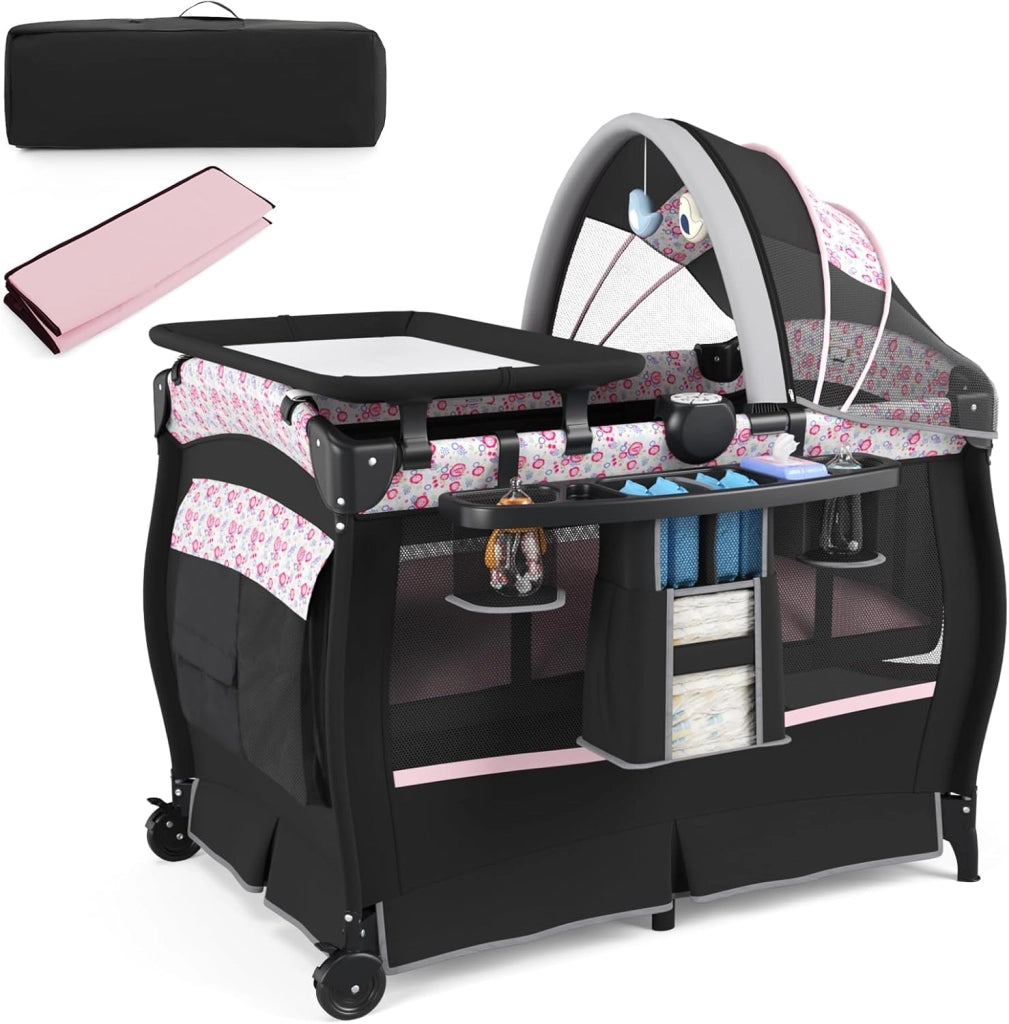 4 in 1 Lettino Neonato con Materasso, Culla da Campeggio con Fasciatoio Cappottina Regolabile, Ruote Bloccabili, Box Piechevole per Bambini 0-36 Mesi (Foglie)