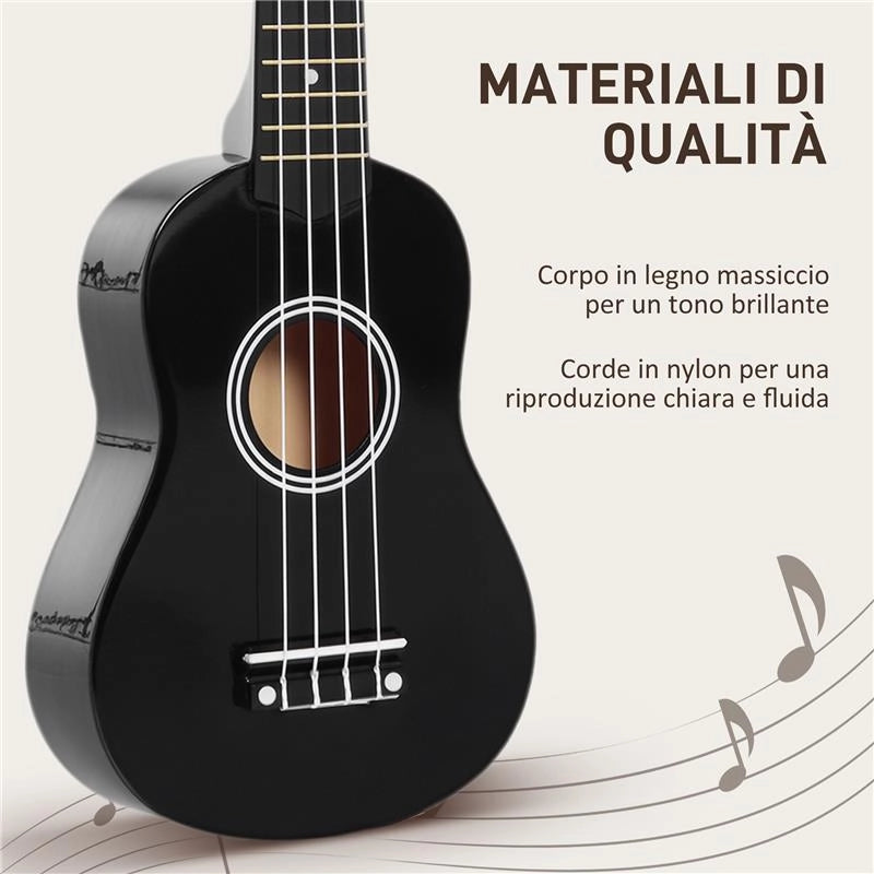 UKULELE PER PRINCIPIANTI DA 21 POLLICI IN LEGNO CON CORDE IN NYLON, PLETTRO E CORDA DI RICAMBIO, NERO
