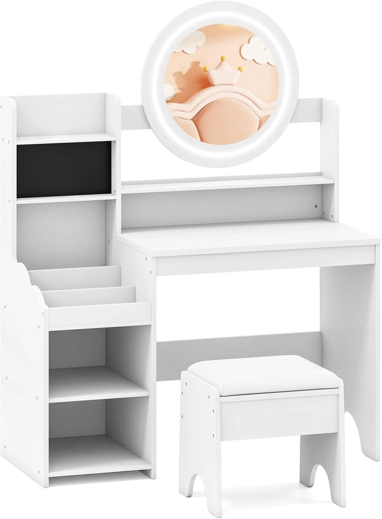 Toeletta Trucco per Bambina con Sgabello, Set Tavolo Trucco in Legno con Specchio Luci LED, Scaffale Aperta, Spazi per Annelli e Sgabello Imbottito, Mobile da Principessa per 3+ Anni (Rosa)