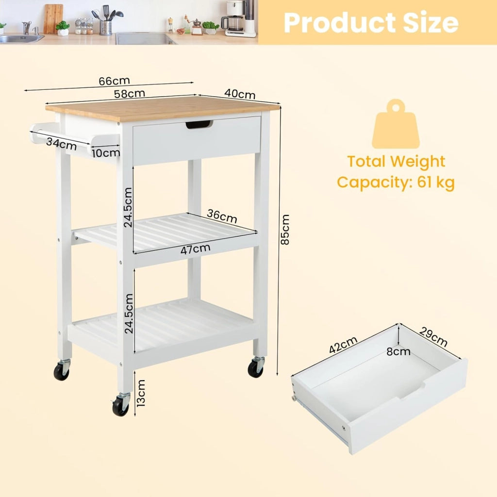 Carrello da Cucina, Carrello Cucina con Cassetti e Piano di Lavoro, Carrello da Cucina con Ruote, Carrellino Portaoggetti Multiuso, Portaoggeti in Bambù (Bianco)