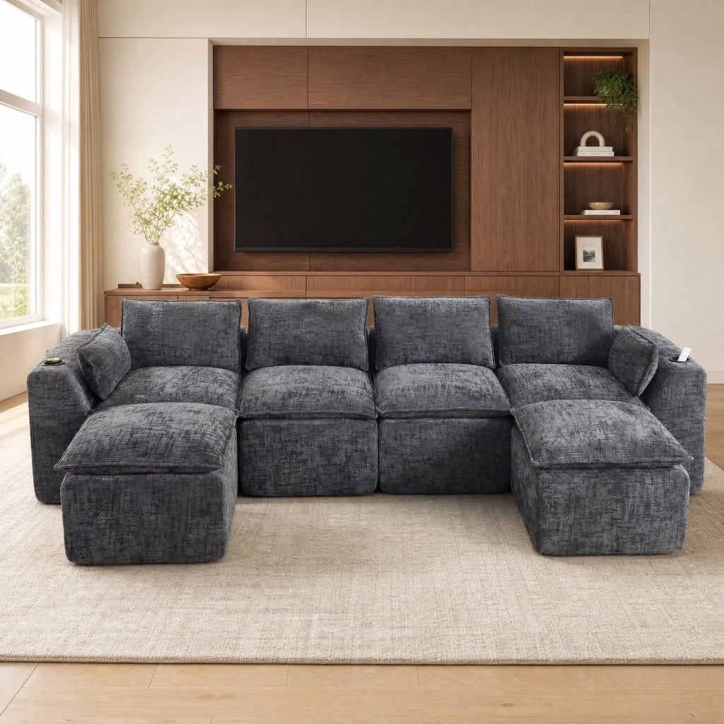 Divano modulare componibile 322x161x75 cm in chenille grigio scuro; con tasche laterali e cuscini