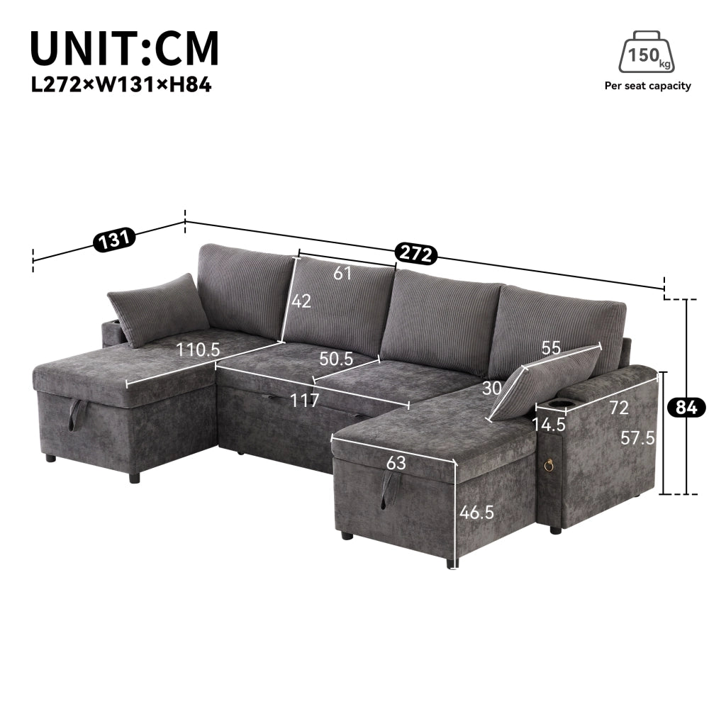 Divano a U convertibile con contenitore e portabicchieri, in ciniglia e velluto a coste grigio 272 × 131 × 84 cm