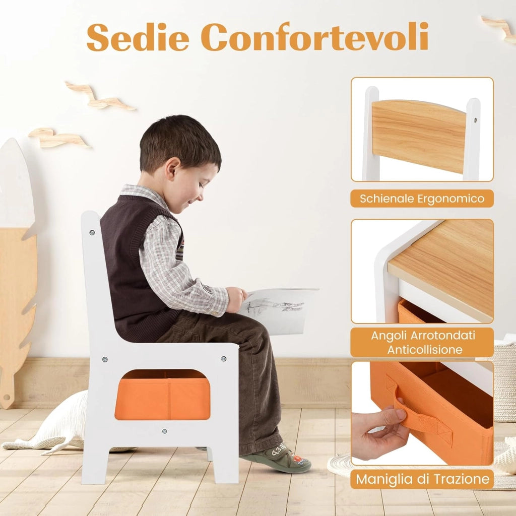 Set Tavolino Bambini con 2 Sedie per 3+ Anni, Tavolo e Sedie 4 in 1 con Lavagna Rimovibile, Librerie e Scatola in Tessuto, Mobile Salvaspazio per Scuola e Cameretta (Naturale, Stile 1)