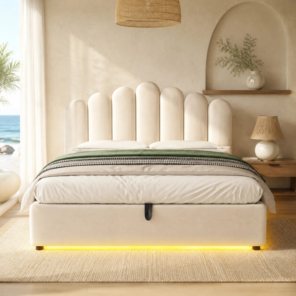 Letto matrimoniale imbottito 140x200 cm con contenitore idraulico; LED e velluto beige