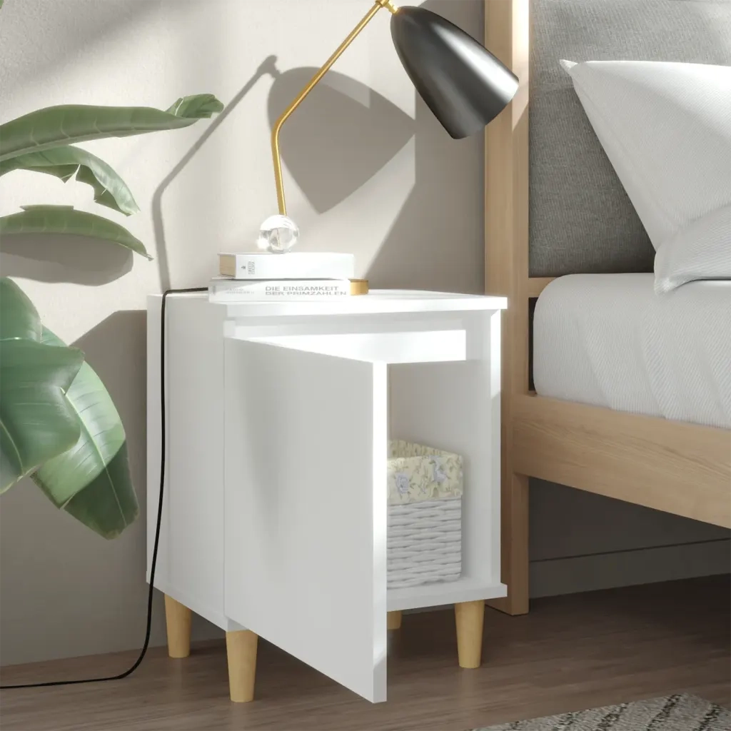 Comodino con Gambe in Legno-Tavolino da notte Massello Bianco 40x30x50 cm