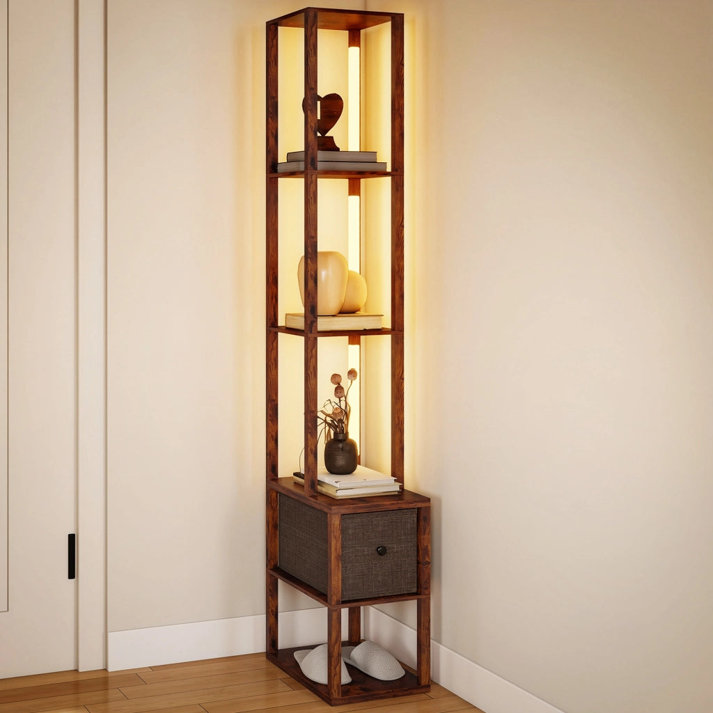 Lampada da terra con scaffali, regolabile, colore marrone ¨C zephmum ¨C 160x30x30