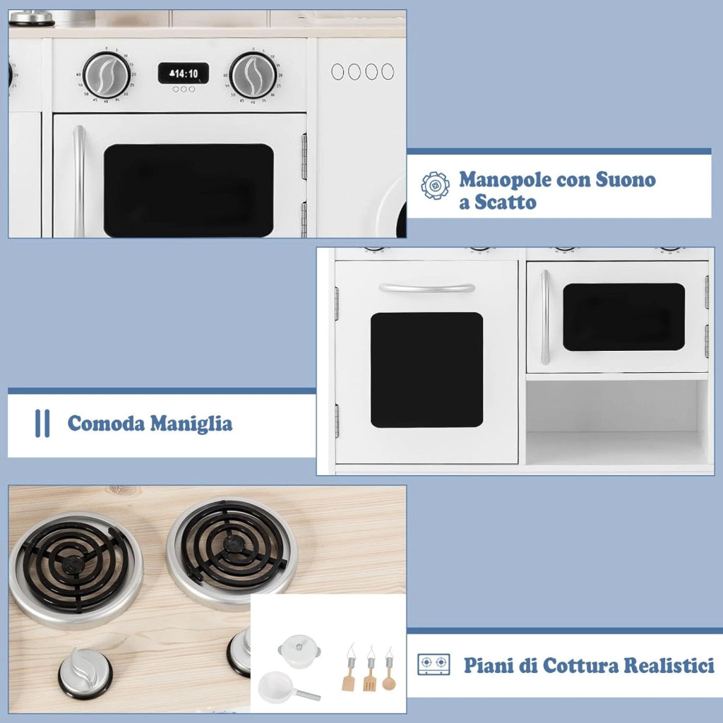 Cucina Giocattolo per Bambini, Cucina Legno per Bambini con Lavatrice, Piano, Cottura Forno e Microonde, 3 Anni+, Bianco