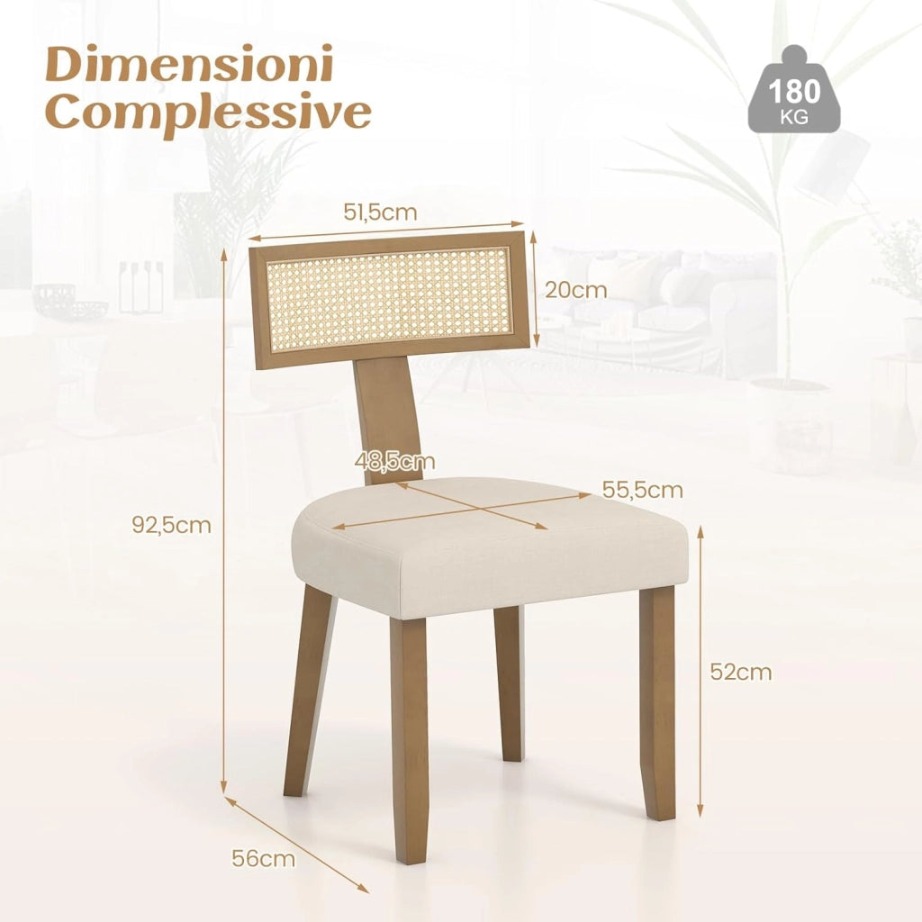 Set di 2 Sedie da Pranzo Imbottita, Sedia con Sedile Comodo, Schienale Curvo in Rattan e Piedini Antiscivoli per Soggiorno, Sala da Pranzo e Studio, Portata 180 kg (Beige)
