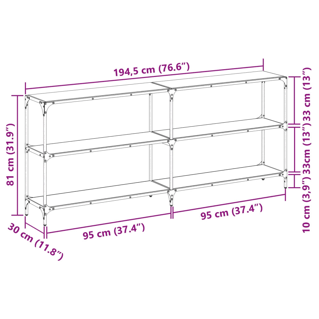 vidaXL Tavolino Consolle Piano Vetro Trasparente 194,5x30x81cm Acciaio