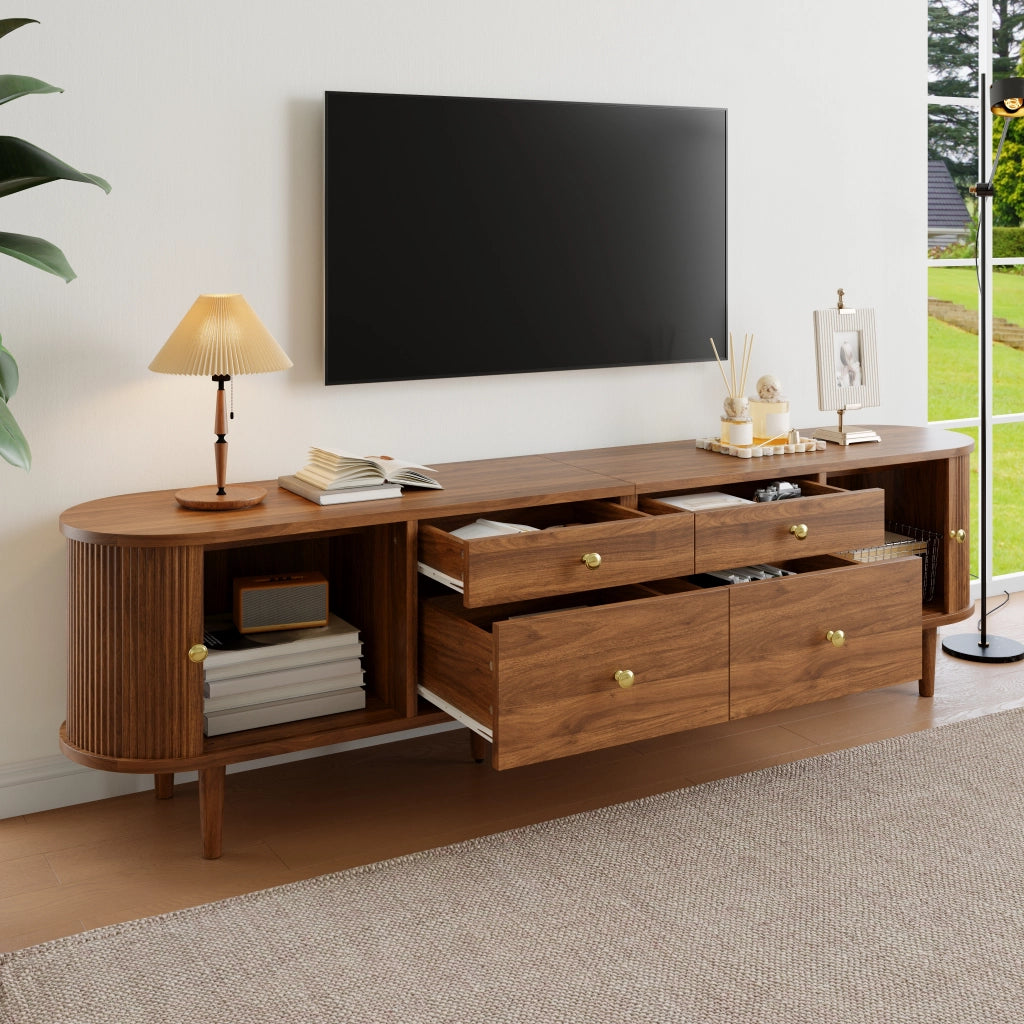 Mobile tv con 2 porte scorrevoli; 4 cassetti; 5 piedi in legno; per soggiorno e camera; 180 × 35 × 50 cm