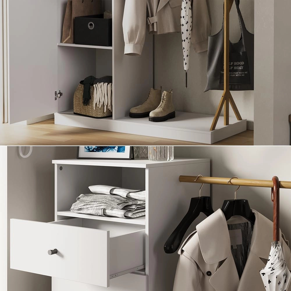 Armadio Liria, Bianco/bambù, 100 x 145 cm con cassetto, con ripiano per scarpe e ganci appendiabiti aperti