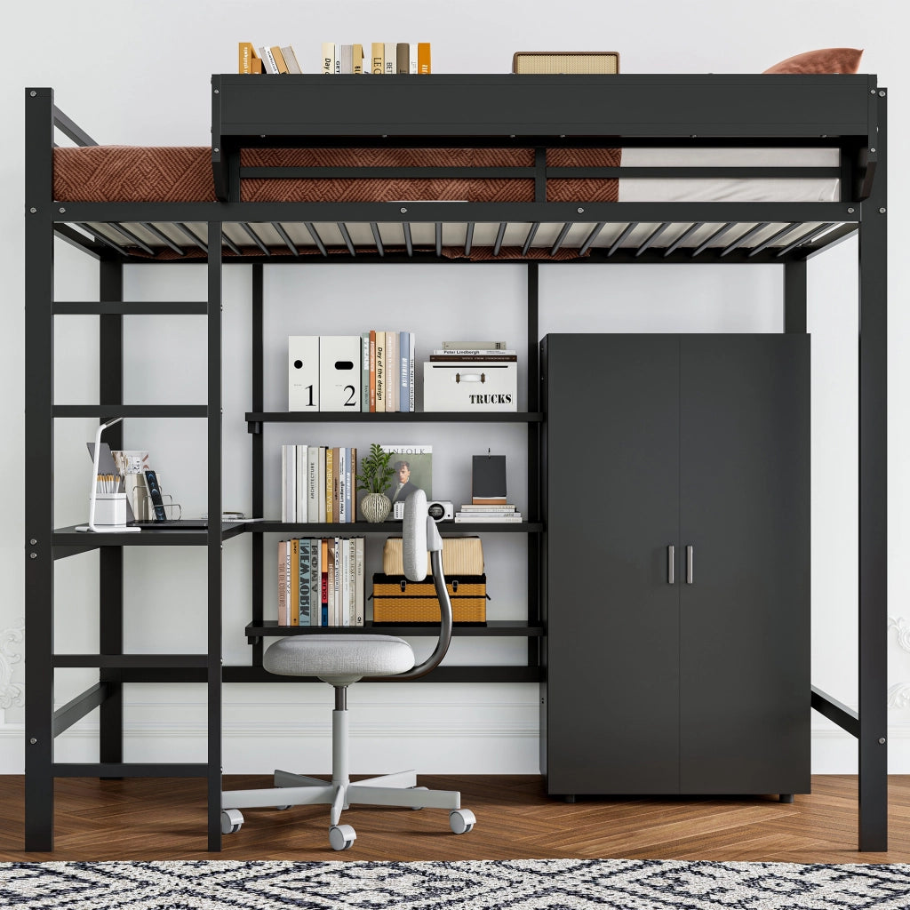 Letto a Soppalco 90x200 cm - Scrivania; Armadio; Ripiani e Scala a 5 Gradini - Nero