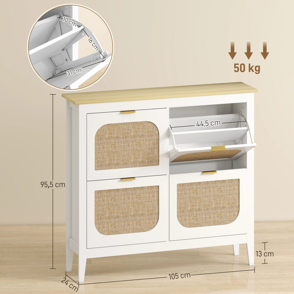 Mobile per Scarpe con 4 Ante in Rattan e Ripiani Regolabili ¨C Zephmum ¨C Bianco 105x24x95,5 cm
