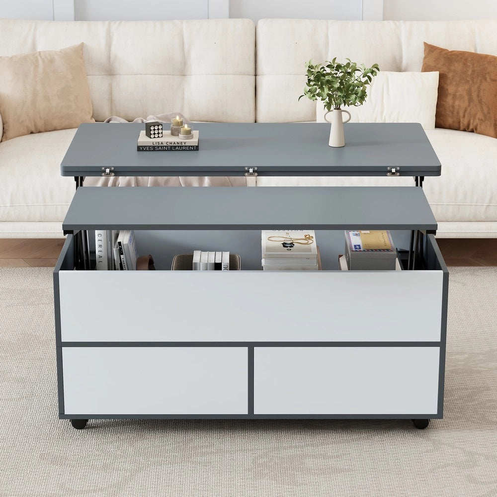 Tavolino da Caff¨¨ Multifunzionale ¨C MINIMAL ¨C Grigio/Bianco, con Cassetti e Ripiano, 100x98x65