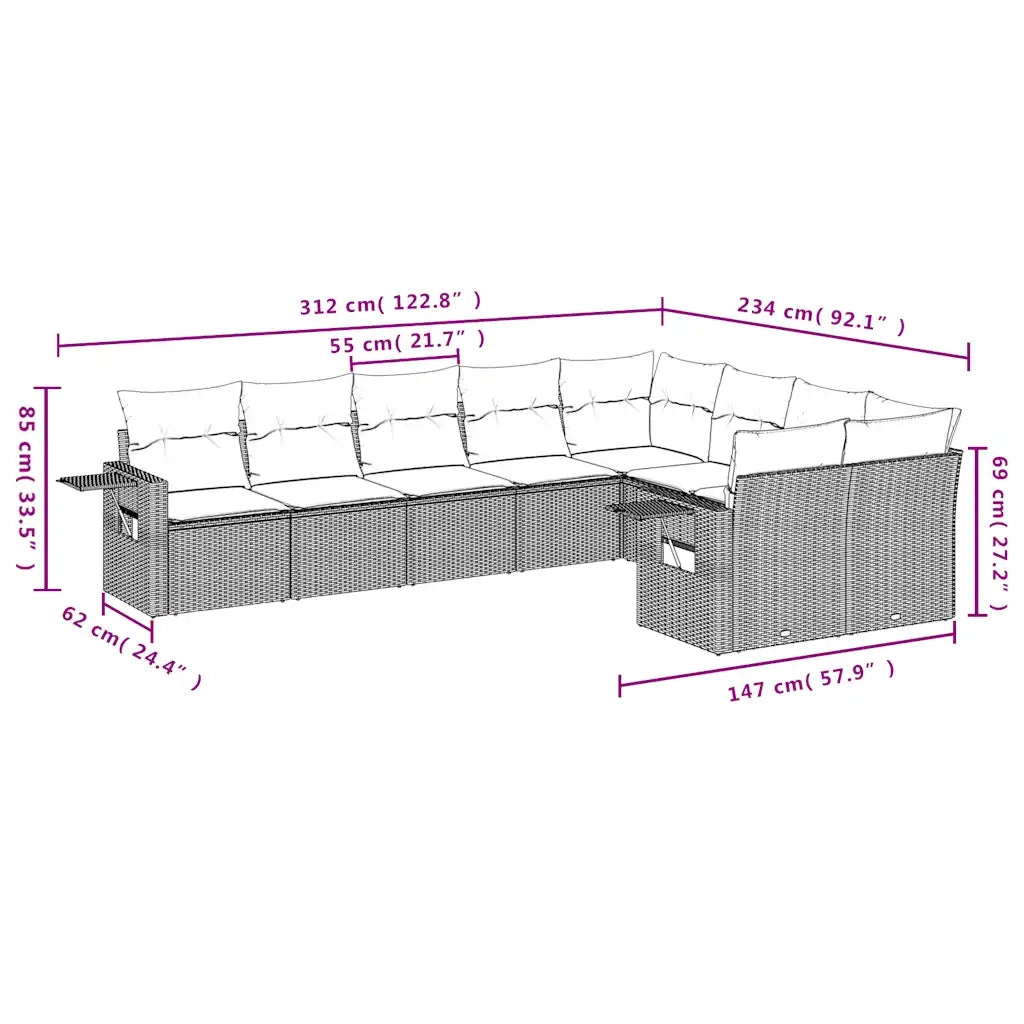 Set Divano da Giardino 9pz con Cuscini Grigio Chiaro Polyrattan