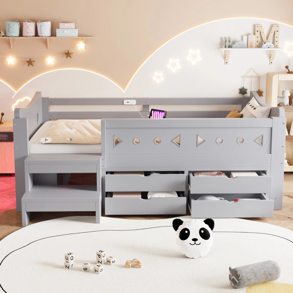 LETTO per Bambini 90x200 cm con Cassetti, LED e USB/Type-C Grigio