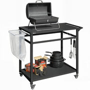 Carrello Barbecue, 2 Ripiani, Supporto Pizza, Portasacchi e Ganci, Nero.