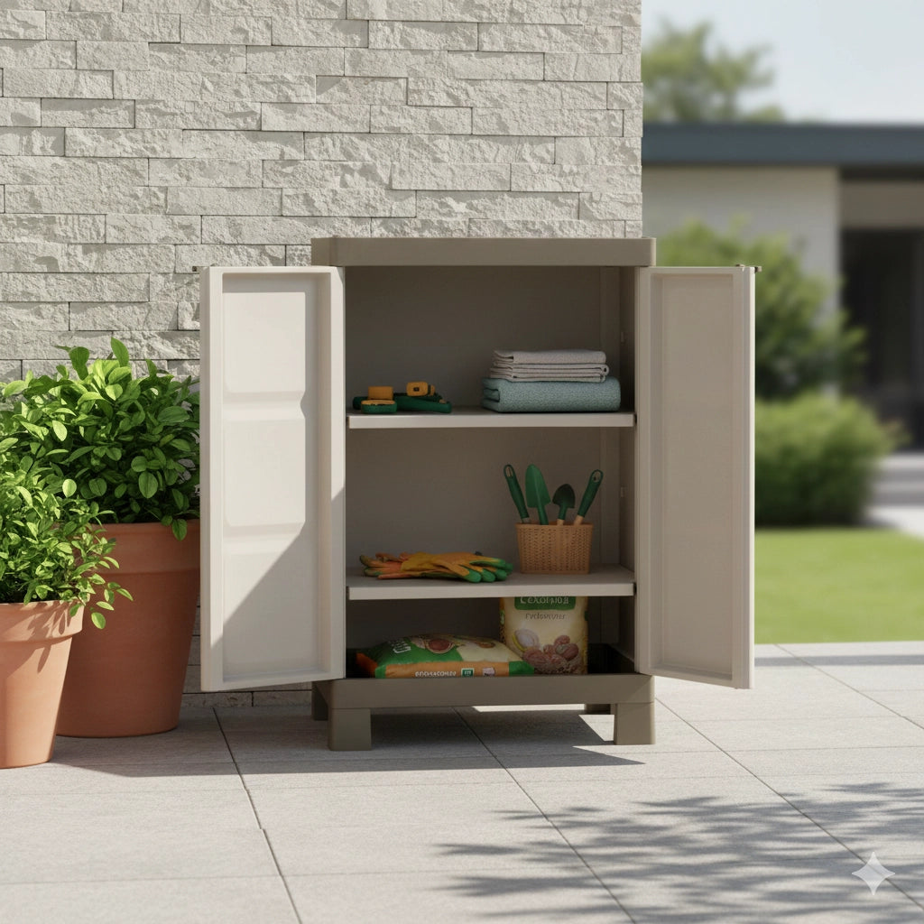 Armadio da Esterno 2 Ripiani 65x45x97H cm in Plastica Keter Excellence Basso Beige/Tortora