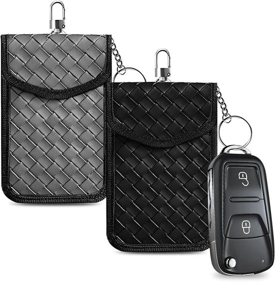 Tasca per chiavi di auto, 2-pack tasca blocco segnale per chiavi di auto con RFID in pelle PU con gancio tasca per chiavi con blocco segnale per sicurezza di auto antidifesa