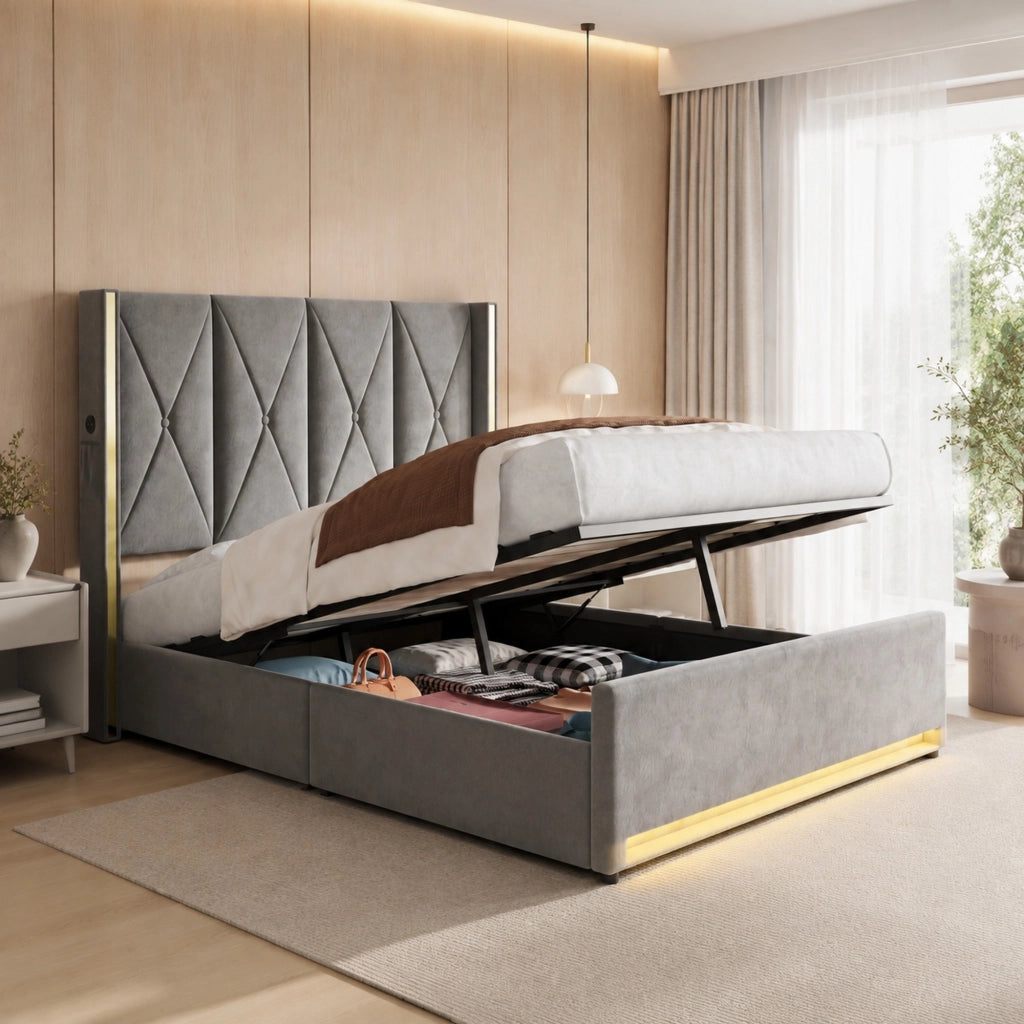 Letto contenitore 160x200 cm in velluto grigio scuro con LED e USB