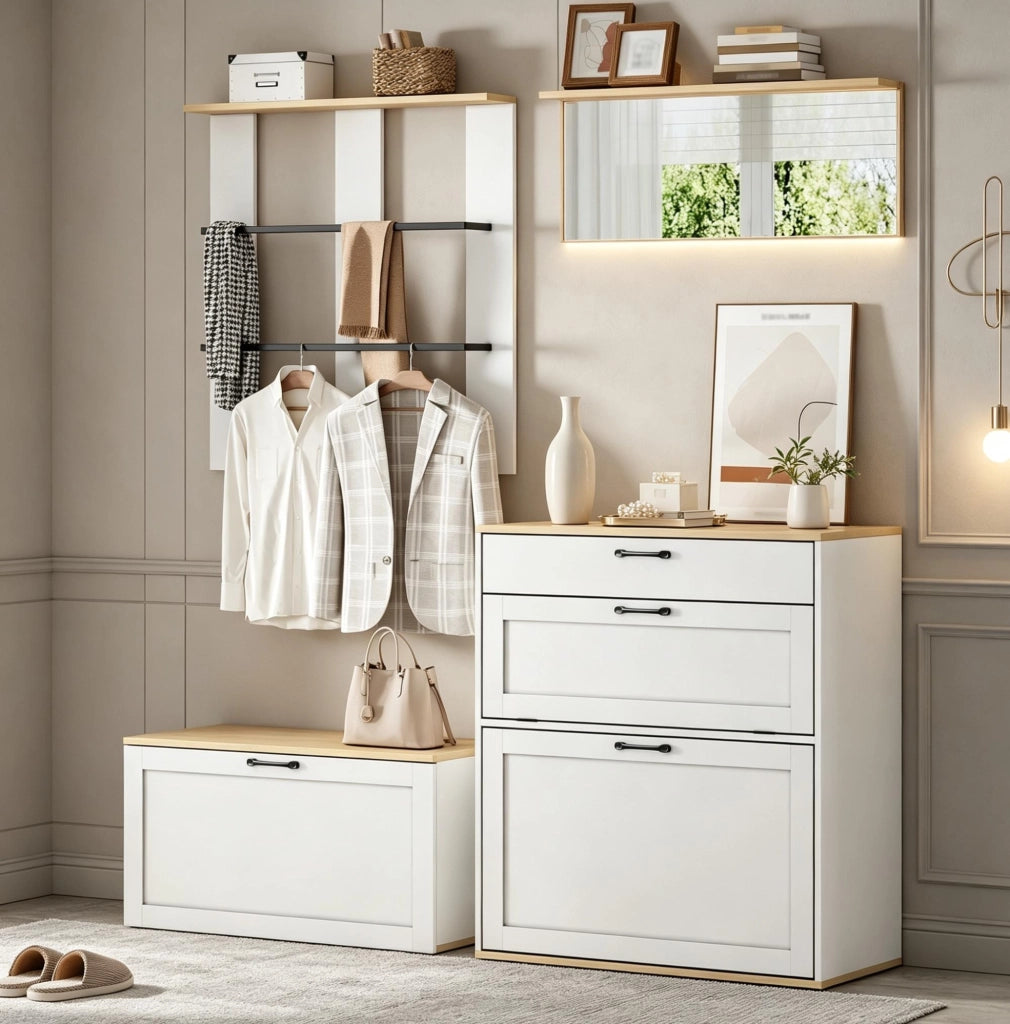 Set guardaroba modulare con scarpiera, specchio e appendiabiti, 156 x 36 x 176 cm