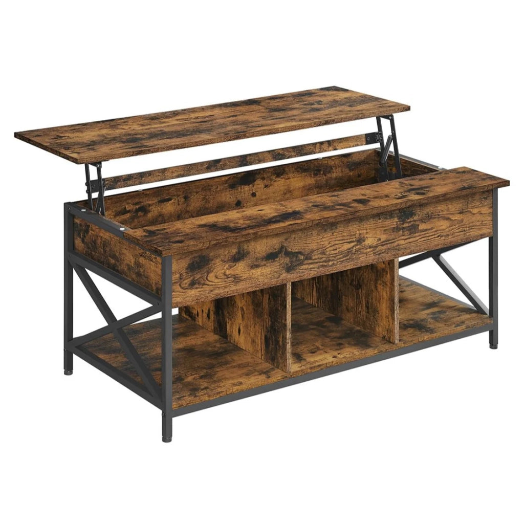 Tavolino da caffè/tavolo da soggiorno con piano sollevabile vano portaoggetti aperto e scomparto nascosto barre a X 60 x 120 x (48-62) cm marrone 12_0007476