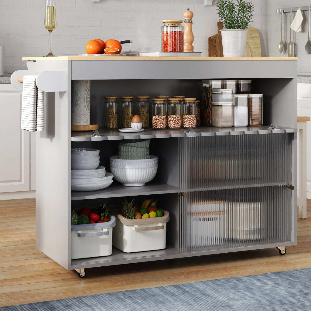 Isola Cucina Mobile 122x46/69x91 cm Grigia con Piano Ribaltabile, Ante in Vetro e 5 Ruote