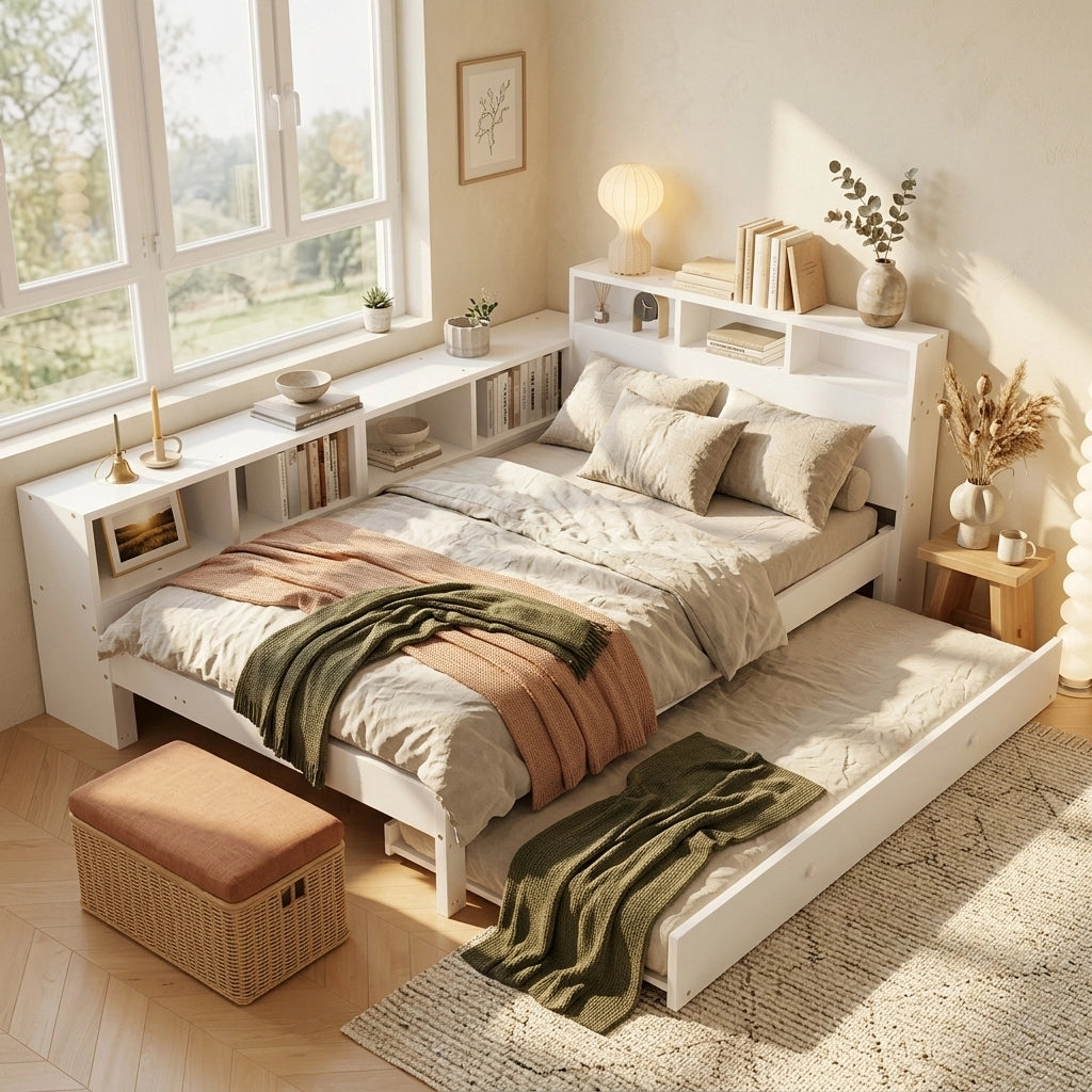 Letto in legno massello 120x200 cm, con letto estraibile 90x190 cm, comprensivo di ripiano portaoggetti e presa di ricarica, bianco