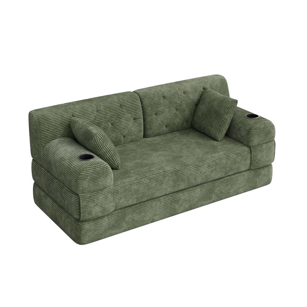 Divano letto 2 posti in corduroy verde con schienale alto, tasche laterali e portabicchieri