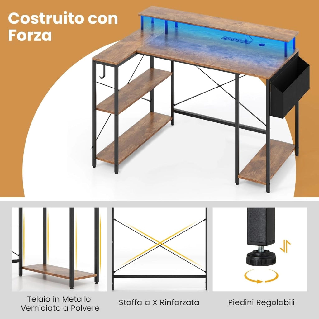 Scrivania Angolare da Gaming, Scrivania Salvaspazio a Forma di L con Luci LED, Stazione di Ricarica, Ripiani e Supporto per Monitor, Scrivania ad Angolo per Casa e Ufficio (Marrone)