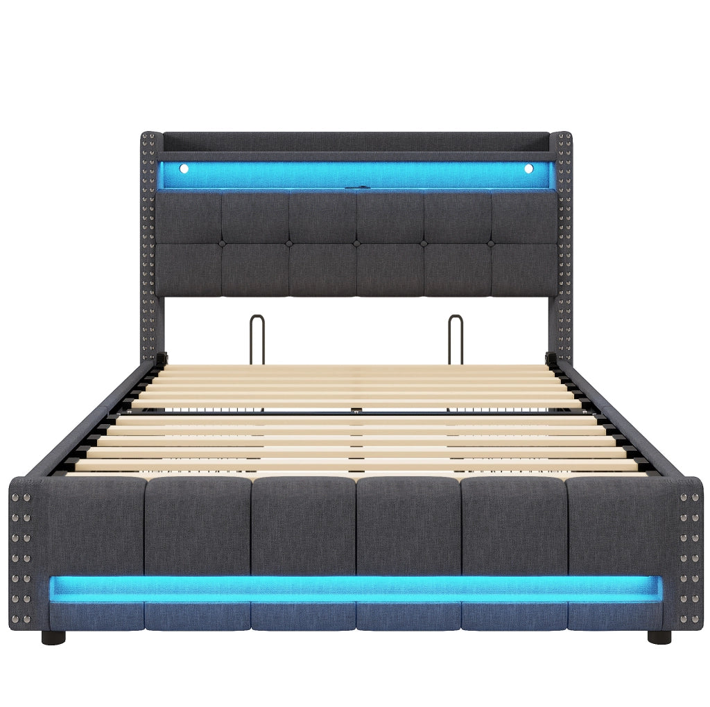 Letto matrimoniale imbottito 160x200 cm con LED, USB, cassetti e rivestimento grigio