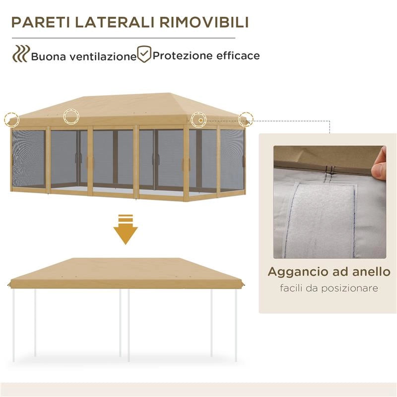 GAZEBO DA GIARDINO 6X3M PIEGHEVOLE CON ZANZARIERA, ALTEZZA REGOLABILE E BORSA DI TRASPORTO, BEIGE