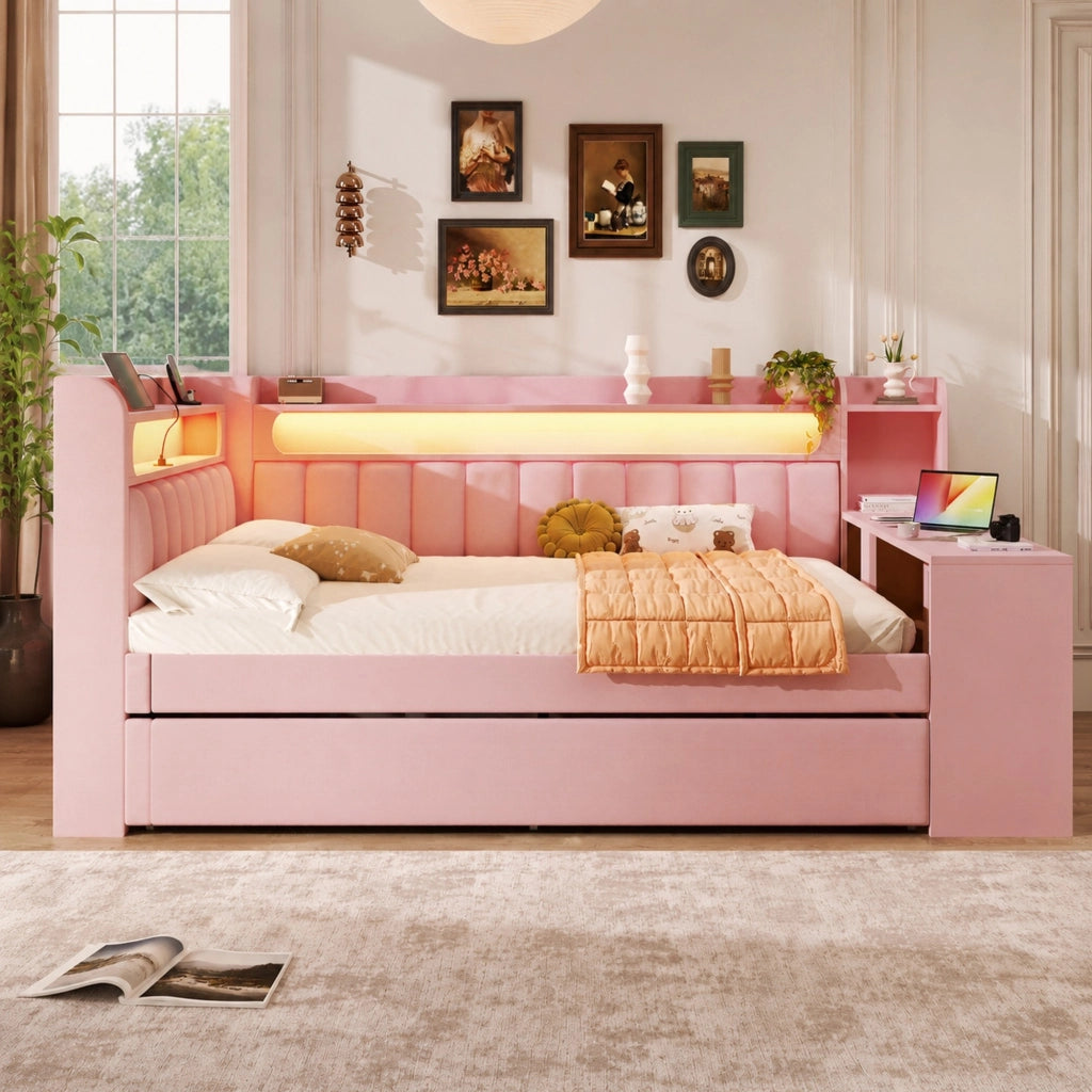 Letto a soppalco imbottito 140x200 cm rosa con LED; USB; letto estraibile e scrivania