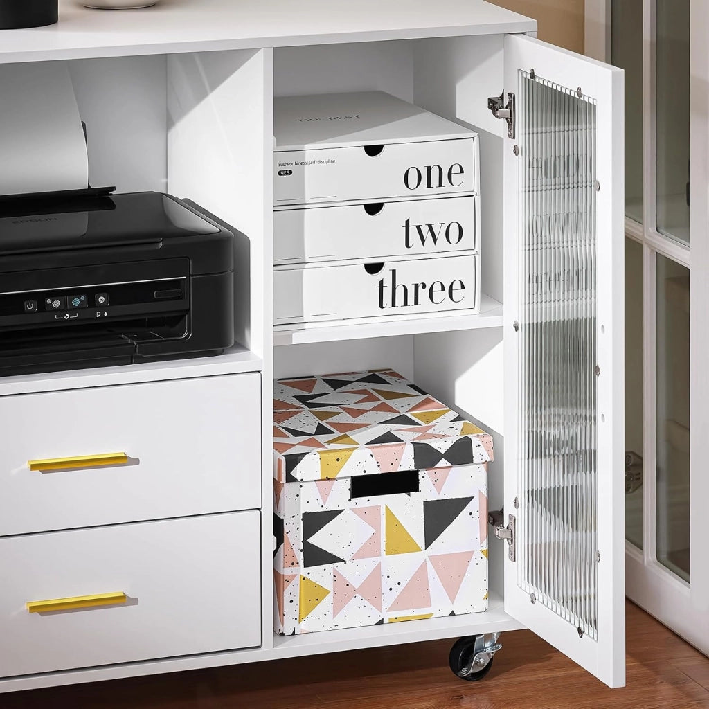 Cassettiera da Ufficio con Ruote, Supporto Stampante, Organizer da Scrivania, Mobiletto Contenitore con 2 Cassetti e 1 Anta in Vetro, Bianco 75x40x76 cm ASK09-W