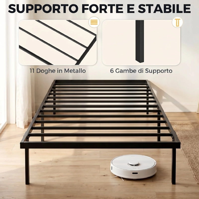 Letto singolo in metallo 90x200 cm con rete a doghe e spazio sottostante nero