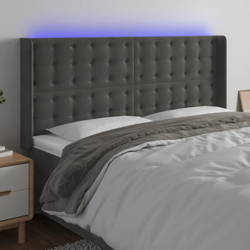 Testiera a LED-Testata con LED Grigio Scuro 163x16x118/128cm in Velluto 155945