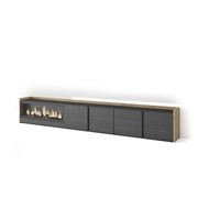 Mobile TV Soggiorno, 315x50x35 cm, Per TV fino a 80", Camino elettrico XXL, LED, Nero e rovere
