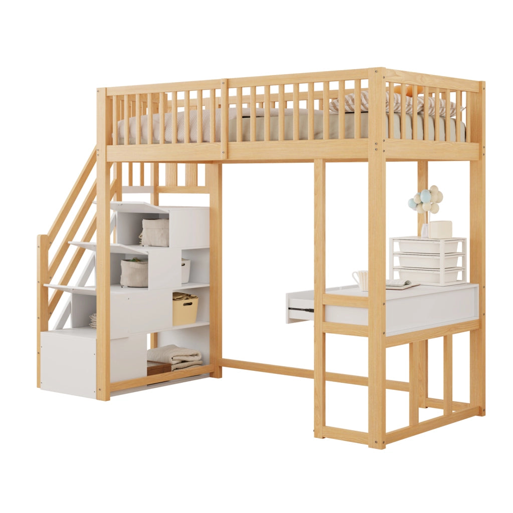Letto a soppalco 90x200 cm con tavolo multifunzione e scala contenitore in legno bianco e rovere chiaro
