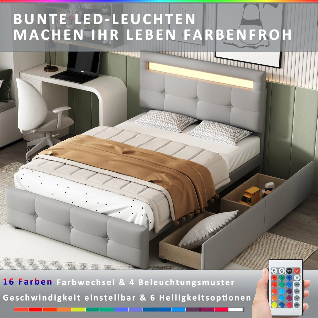 Letto singolo 90×200 cm con 2 cassetti e LED; rete inclusa; senza materasso; imbottito; grigio