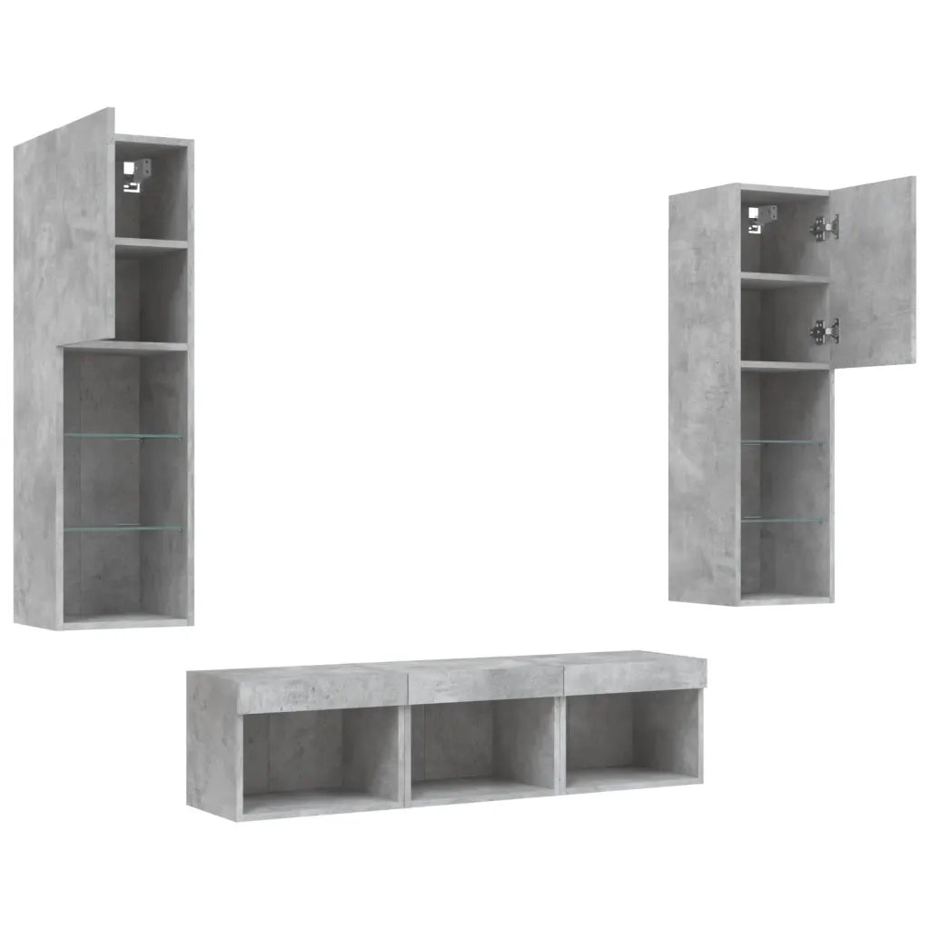 Mobili TV a Muro con LED 5pz Grigio Cemento Legno Multistrato