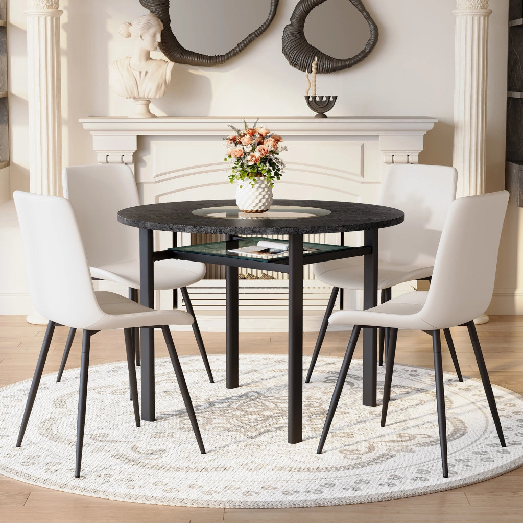 Tavolo da pranzo rotondo con inserto in vetro e ripiano in vetro, per soggiorno e cucina, in MDF e metallo, 100 cm