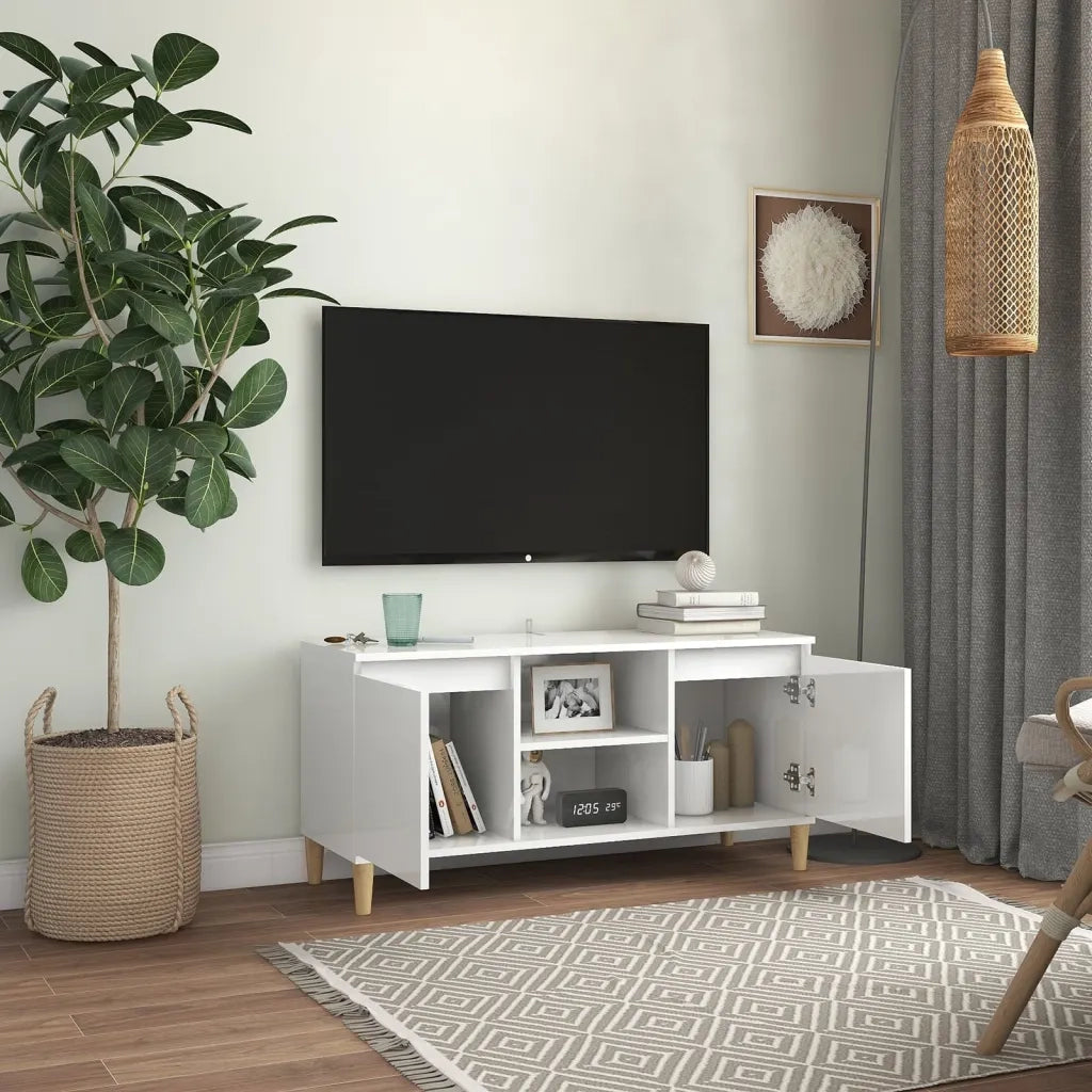 Mobile TV con Gambe Legno Massello Bianco Lucido 103,5x35x50 cm cod mxl 59903