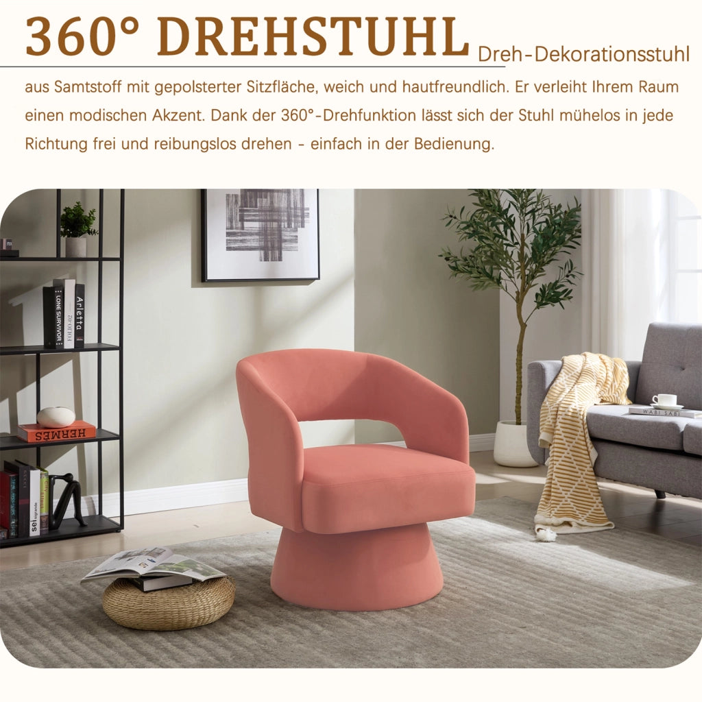 POLTRONA Girevole in Chenille Rosa con Base in Legno