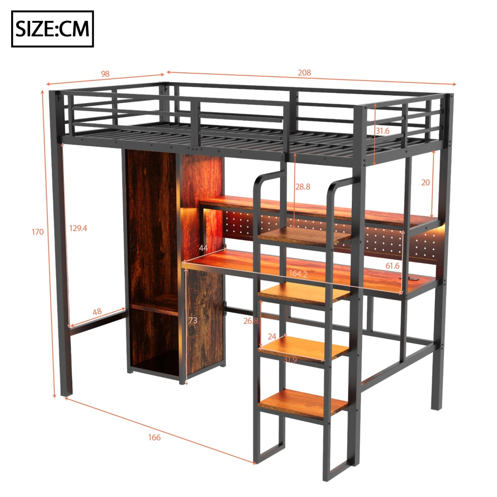 Letto a soppalco singolo 90×200 cm con scrivania; armadio; LED e ripiani; senza materasso; nero