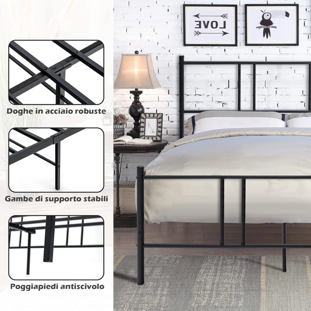 Telaio da Letto in Metallo, Struttura Moderna con Testiera e Pediera, Piattaforma con Doghe in Acciaio, Carico Massimo 300kg (200cm x 140cm)