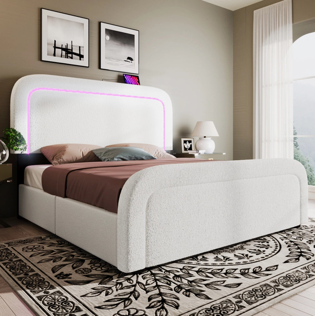 Letto imbottito 140x200 cm in Sherpa bianco con LED, USB/Type-C e 4 cassetti