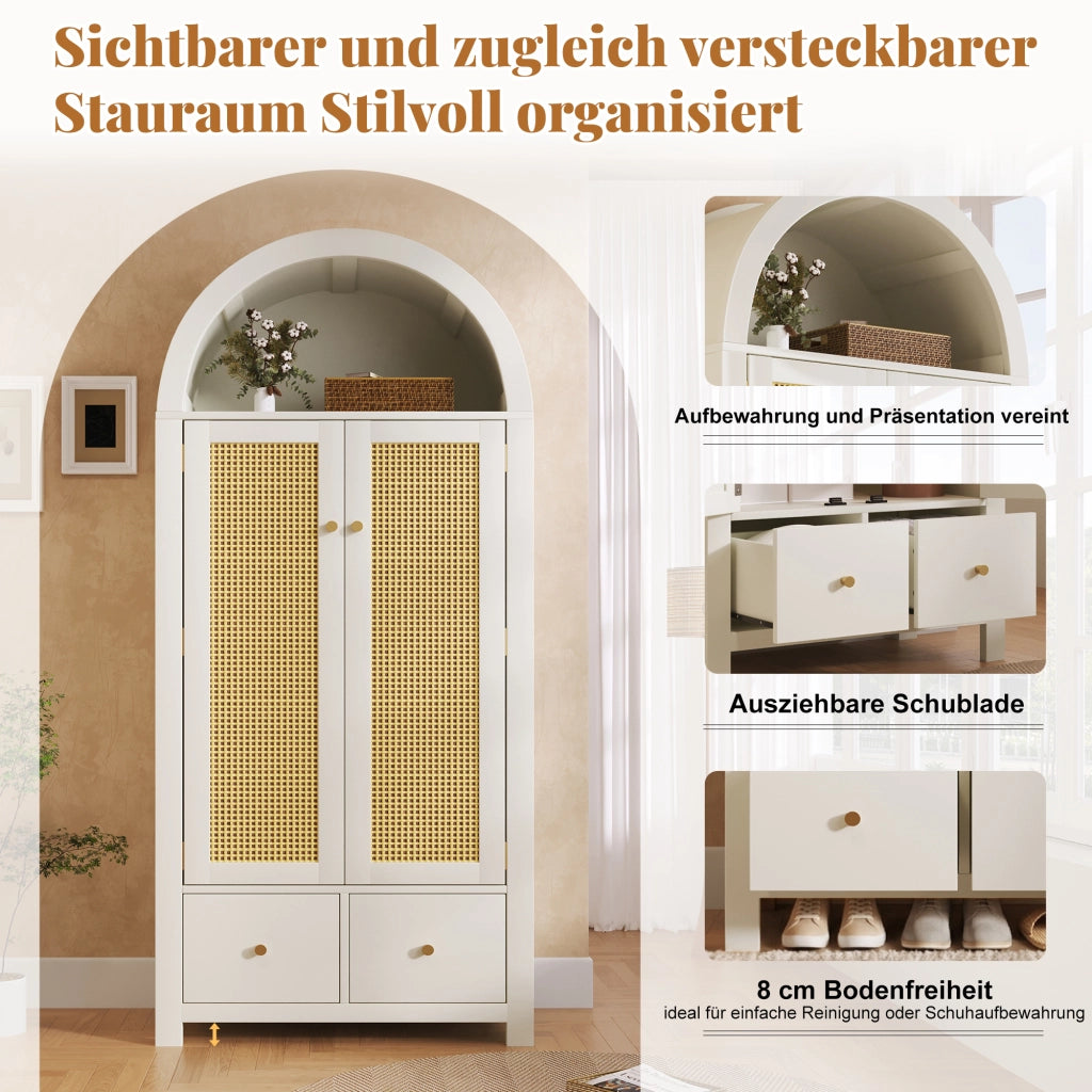 Armadio con intreccio in rattan, 2 ante, 2 cassetti e appendiabiti, stile country, bianco, 181 × 78 × 45 cm