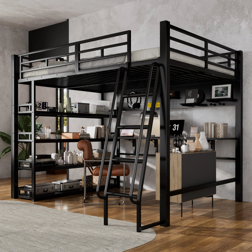 OKWISH Letto a soppalco 140×200 cm, Letto Matrimoniale con Mensole, Porta di Ricarica e Scala Inclinata, senza Materasso, Nero