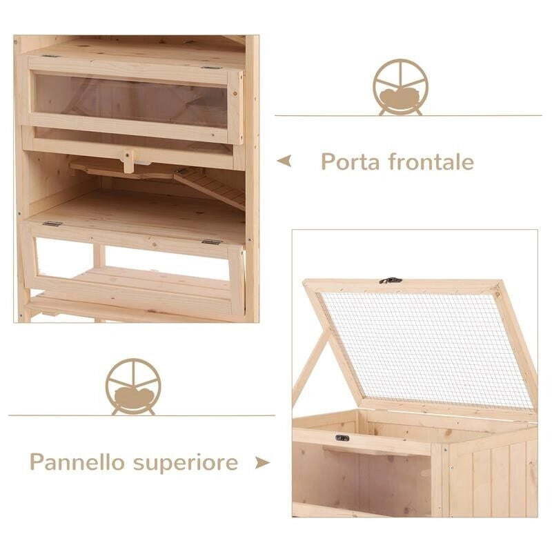 GABBIA PER RODITORI E CRICETI A 4 RIPIANI CON TETTO APRIBILE IN LEGNO 60X40X120CM