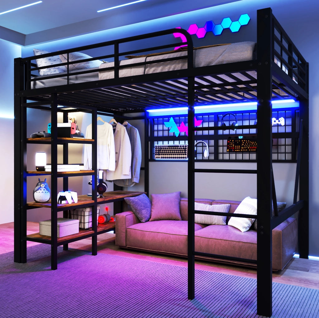Letto a soppalco 140x200 cm in metallo e MDF con LED